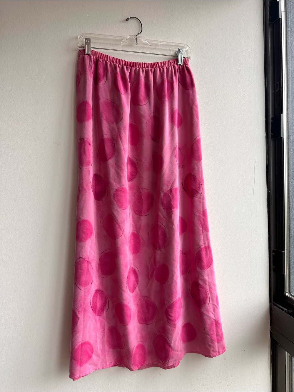 100% Silk Vintage Pink Polka Dot Maxi Skirt - Women's Casual A-Line